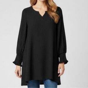 Paisley Vine Black Cotton Poly Women's Tunic With Smocked Cuffs - Size Medium